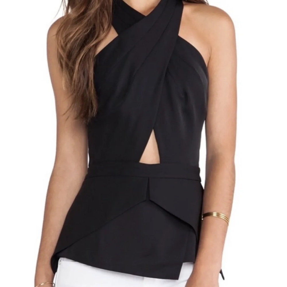 BCBGMaxAzria Black Crossfront Halter Peplum Top
